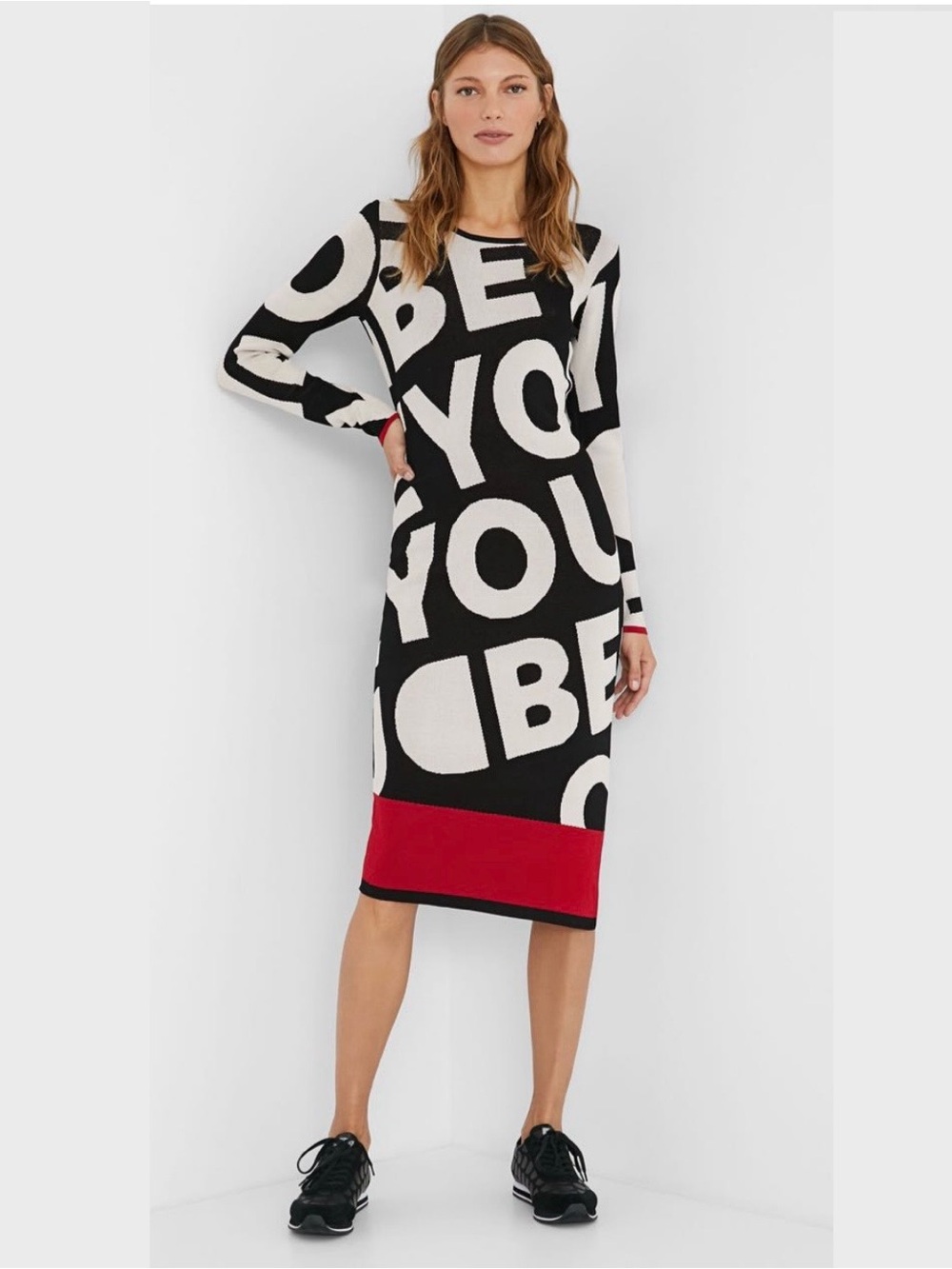 Desigual Black White Graphic Midi Dress with Asymmetrical Red Hem says BE YOU! - Picture 9 of 9